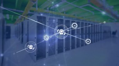 Animation of network of communication icons and data processing over computer server room. Global communication, business network and data sharing concept digitally generated video.