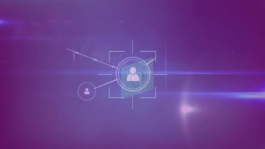 Animation of light trails over network of connections with icons. Global connections, computing and digital interface concept digitally generated video.