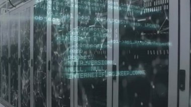 Animation of data processing and network of connections against computer server room. Global networking and business data storage technology concept