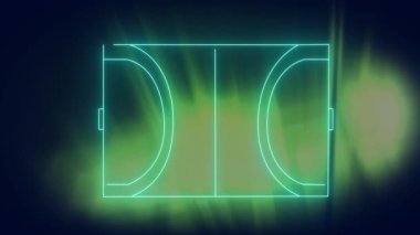 Animation of neon soccer court with glowing light beams on digital interface of video game. Digital composite, communication, entertainment, technology, illustration, futuristic.