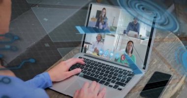 Animation of financial data processing over cardboard boxes on conveyor belt in warehouse. Global business digital interface technology and networking concept digitally generated video.