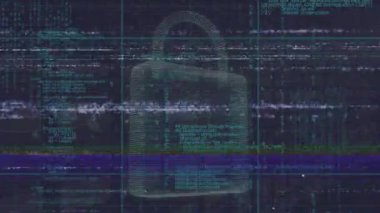Animation of interference over padlock and data processing on black background. Global communication, business, data security and digital interface concept digitally generated video.