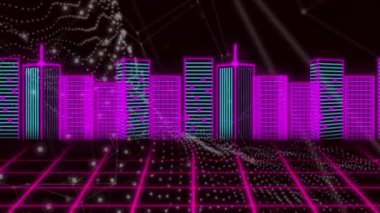 Animation of 3d neon urban financial city on grids with network connecting dots on digital interface. Digital composite, technology, artificial intelligence, connection, architecture, development.