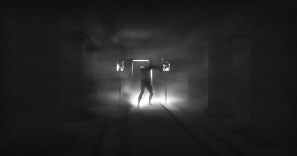Animation Scary Zombie Mummy Walking Dark Crypt Burning Torches Black — Vídeos de Stock