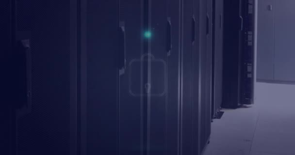 Анимация Неонового Круга Замком Над Серверами Глобальные Компьютеры Сеть Данные — стоковое видео