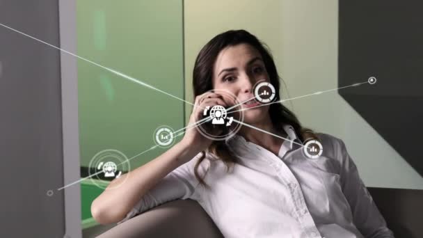 Animation Network Connections Happy Caucasian Engineer Woman Using Smartphone Global — Vídeos de Stock