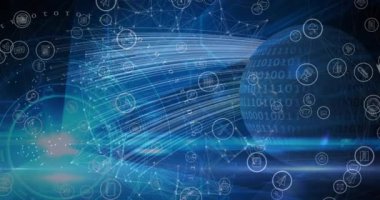 Animation of network of digital icons and data processing against light trails and globe. Global networking and business technology concept