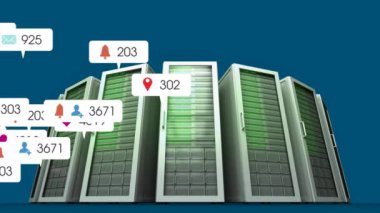 Animation of social media notifications over computer servers. Global communication network, data and social media concept digitally generated video.