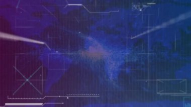 Animation of lights, data processing and world map with connections on navy background. global connections, technology and digital interface concept digitally generated video.
