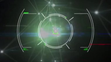 Animation of hud with network connecting dots, light beams on digital interface. Digital composite, technology, artificial intelligence, connection, data, networking, technology, data processing.