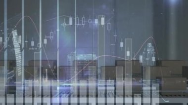 Animation of graphs and financial data over packages in warehouse. Business, finance, money and delivery services concept digitally generated video.