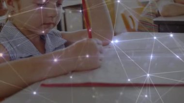 Animation of network of connections over caucasian girl in classroom. School, education, connections and network concept digitally generated video.