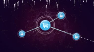 Animation of network of connections with icons over data processing and globe on black background. Global connections, computing and digital interface concept digitally generated video.