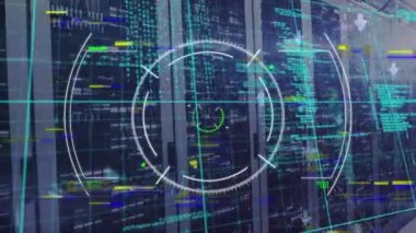 Futuristic interface and computer programming with server room in background. Digitally generated, data, networking, coding, infographics, connection, computer.