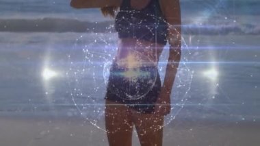 Animation of data processing and globe over caucasian woman at beach. Global sport and digital interface concept digitally generated video.