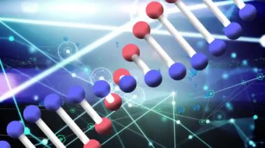 Animation of network of connections with icons over dna strand. Global business and digital interface concept digitally generated video.