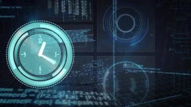 Animation of clock and data processing on screen. Global data processing, digital interface and connections concept digitally generated video.