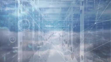 Animation of network of connections, clouds and data over servers. Global network, connections and technology concept digitally generated video.