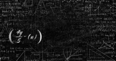 Animation of layers of mathematical formulae and moving chalk marks on black chalkboard. Science, research and education, abstract background concept digitally generated video.
