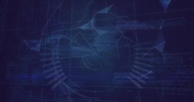 Animation of globe with shapes, connections and globe in navy space. Data processing, global network and technology concept digitally generated video.