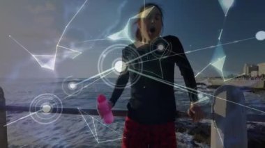 Animation of network lines connecting dots, globe, caucasian woman relaxing while running at beach. Digital composite, multiple exposure, connect the dots, wellbeing, fitness, healthy lifestyle.