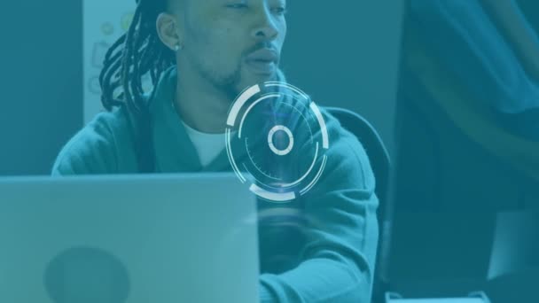 Animation Scanning Icon Moving African American Businessman Dreadlocks Using Laptop — Stok video