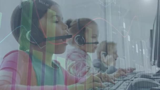 Animation Financial Data Processing Diverse Children Wearing Phone Headsets Global — Vídeo de Stock