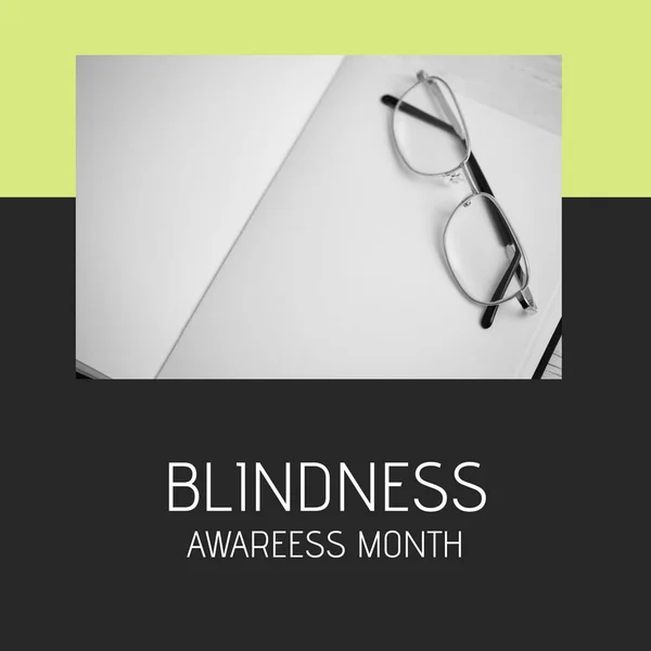 Composition of blindness awareness month text and reading glasses. World blindness awareness month, eyesight and health concept.