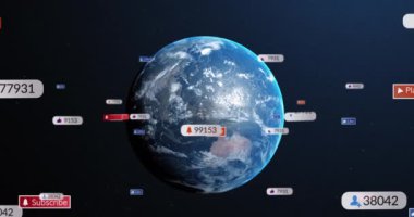 Animation of social media icons and numbers over globe. Global social media, connections, computing, digital interface and data processing concept digitally generated video.