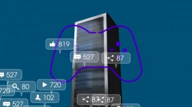 Animation of social media icons and video game console over server. Global social media, computing and data processing concept digitally generated video.