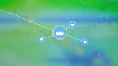 Animation of mail and speech bubble icon interconnecting with lines on abstract background. Hologram, digitally generated, messaging, communication, telecommunications, internet and technology.