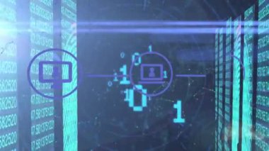 Animation of data processing and icons over binary coding. Global data processing and digital interface concept digitally generated video.