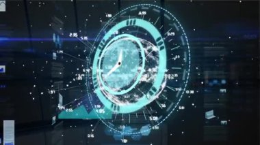 Animation of scope scanning with clock over globe and data processing on black background. global technology, computing and digital interface concept digitally generated video.