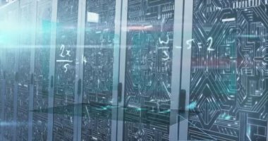 Animation of maths calculations over datra processing on computer servers. Global communication, research, data and network concept digitally generated video.