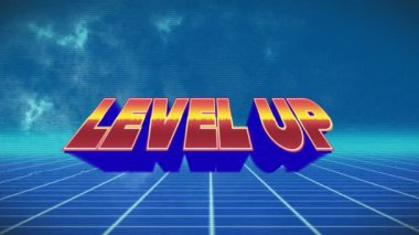 Animation of level up in blue space with lines. video games, communication and entertainment concept digitally generated video.