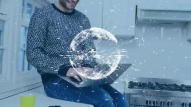 Animation of globe made of connections and numbers over caucasian man using laptop. Network, communication, global connections and technology concept digitally generated video.