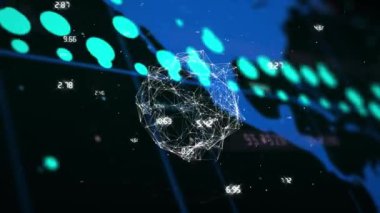 Animation of blue graph, global network and processing data over blue map on black background. Global communication, business, data, network and digital interface concept digitally generated video.
