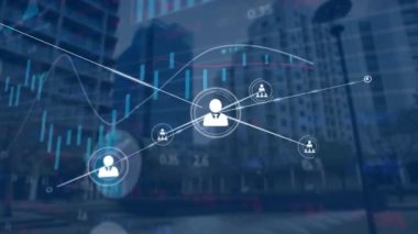 Animation of network of people icons exchanging data and graphs over city buildings. Global communication, business, networking, data and digital interface concept digitally generated video.