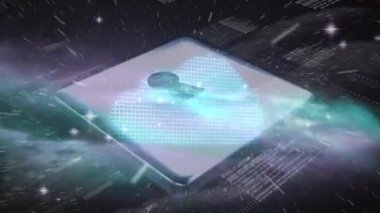 Animation of padlock over processing data with lights on cosmos background. Global communication, business, data security and digital interface concept digitally generated video.