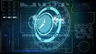 Siyah arkaplandaki veri işleme üzerinde saatle taramanın animasyonu. Küresel teknoloji, bilgisayar ve dijital arayüz kavramı dijital olarak oluşturulmuş video.