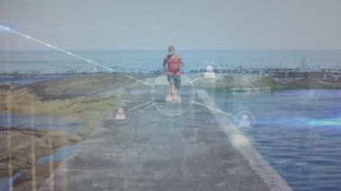 Animation of profile network lines connecting dots, african man running on pathway at beach. Digital composite, multiple exposure, connect the dots, wellbeing, fitness, healthy lifestyle.