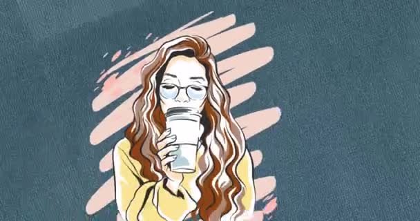 Animation Woman Drinking Coffee Pink Scribble Moving Blue Texture Background — Stock video