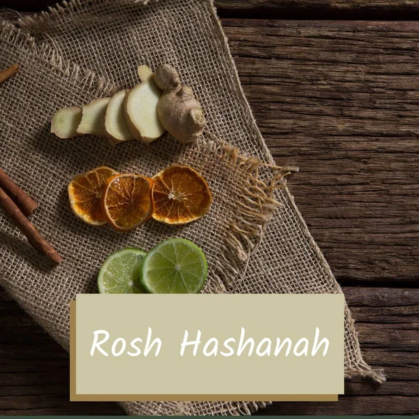 Composite Rosh Hashanah Text Ginger Lemon Lime Slices Cinnamon Table — Stock fotografie