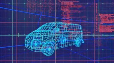 Animation of vhs glitch effect and data processing over gird network against 3d car model. Automobile design and business technology concept