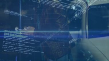 Animation of stock market data processing over asian woman using smartphone on the street. Global economy and business data technology concept