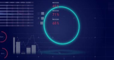 Animation of neon circles over digital screen with financial data and graphs. Global finance, economy and technology concept digitally generated video.