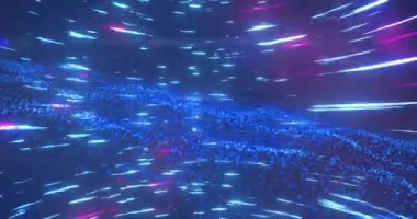 Animation of blue dots forming waves and glowing lines rotating in loop. Digitally generated, illustration, hologram, abstract, art, design, futuristic and technology concept.