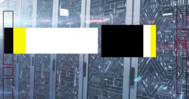 Animation of level up text in white and black over computer server room. Global communication, social media, leisure and digital interface concept digitally generated video.