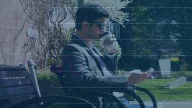 Animation of line graph and bar graph moving over caucasian businessman using smartphone on bench. Digital composite, multiple exposure, data, report, progress, business and technology concept.