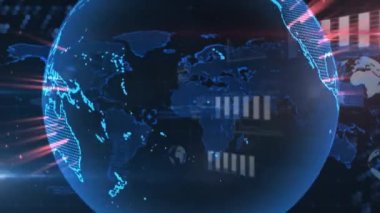 Animation of blue globe with glowing communication network over data processing on black background. Global communication, business, data and digital interface concept digitally generated video.